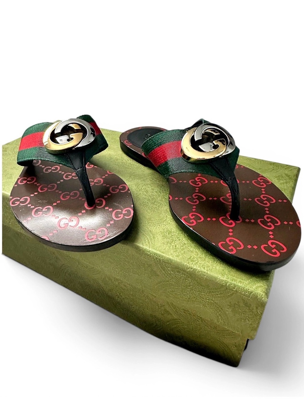 Gucci Green & Red Web Leather GG Logo Thong Sandals